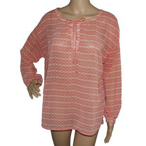 Old Navy Sz Medium Orange Blouse white peasant tunic hi lo Aztec print shirt top